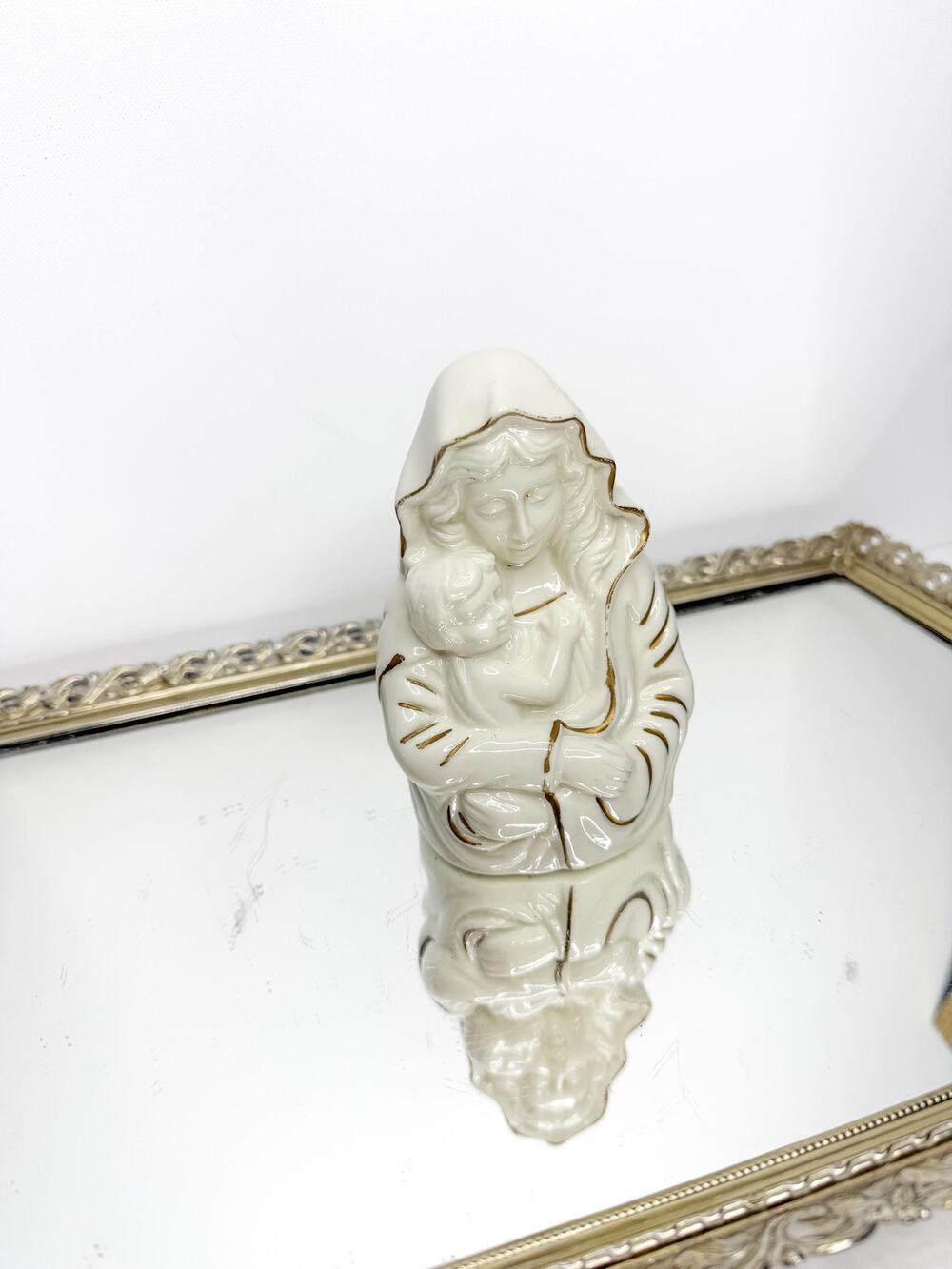 VTG MIKASA Madonna with Child Porcelain 5” Tall Figurine Ivory w/Gold Trim